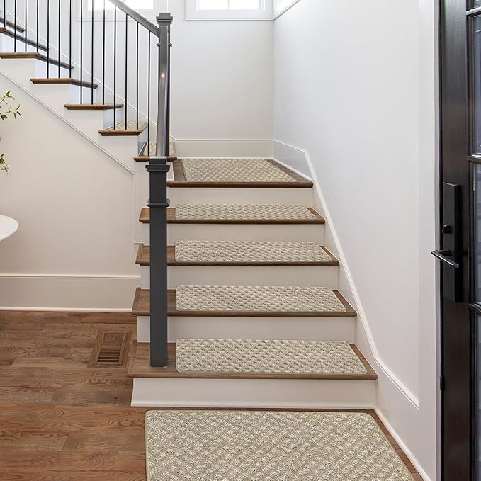 PURE ERA Carpet Stair Treads Tape Free Non Slip Indoor Stair Carpet Stair Protectors Pet-Friendly Non-Slip Skid Resistant Washable Reusable 8" x 30"(14 Pieces,Cream Gray Mini-Diamond Trellis)