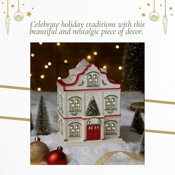 Spode Christmas Tree Miniature Village Figural Decoration, LED Lighted Holiday Village Set, Ceramic Holiday Decor - Timeless Dolomite Collectible for Indoor Display (Hotel)