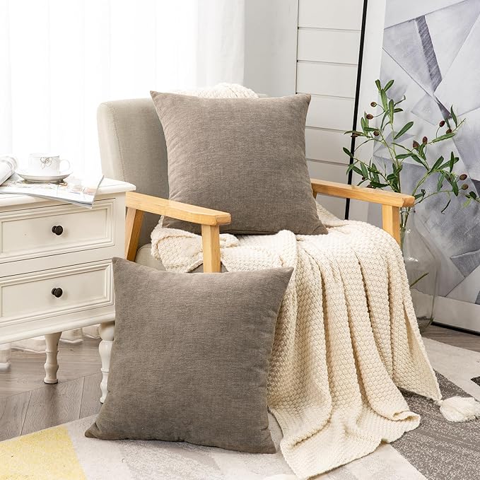 GAWAMAY Decorative Square Throw Pillow Covers Set of 2, Super Soft Chenille Farmhouse Fall Pillowcase for Living Room Bedroom Sofa Couch Home Decoration Cushion Cover Taupe Grey 55x55cm/22x22