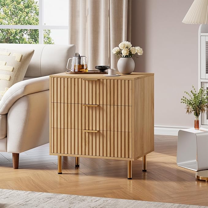 GarveeHome Natural 3 Drawer Dresser for Bedroom, Fluted Modern Nightstand with Deep Drawers, Chest of Drawers with Wide Top, Wooden Dresser Organizer, Side Table for Living Room, Hallway, Kids Room