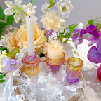 Double Sided Vintage Ribbed Taper Glass Candle Holders,Tea Candle Holder for Table Centerpieces, Wedding Decorations and Dinner Parties (Purple-Pink-Yellow, 6 PCS)