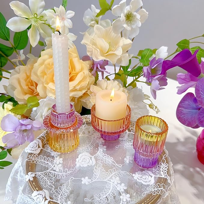 Double Sided Vintage Ribbed Taper Glass Candle Holders,Tea Candle Holder for Table Centerpieces, Wedding Decorations and Dinner Parties (Purple-Pink-Yellow, 6 PCS)