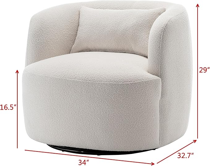 KINWELL 34" Wide Boucle Swivel Barrel Chair with 23" Ottoman Set, Fully Assembled Set of Sherpa Accent Chair and Footrest, Modern Comfy Armchair and Footstool for Living Room and Bedroom, Beige
