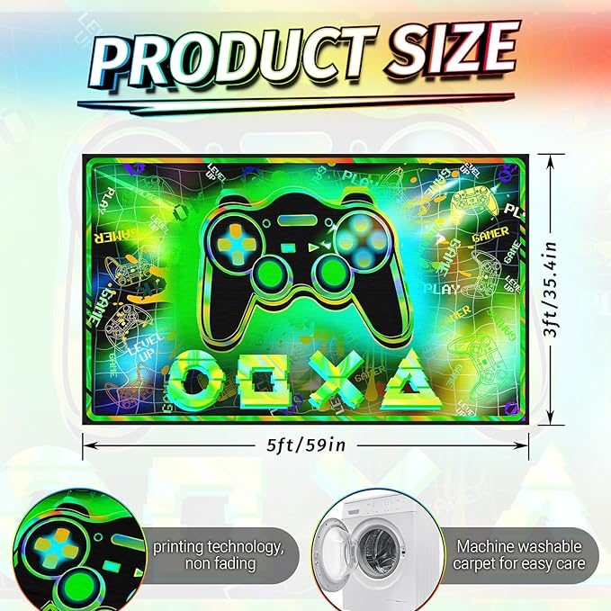 3'x5' Gaming Rug for Boys Room - Colorful 3D Printed Gamer Rug Gaming Decor for Boys Bedroom Green Gaming Area Rug Gaming Room Floor Mat Video Game Area Carpet for Kids Room & Dorm