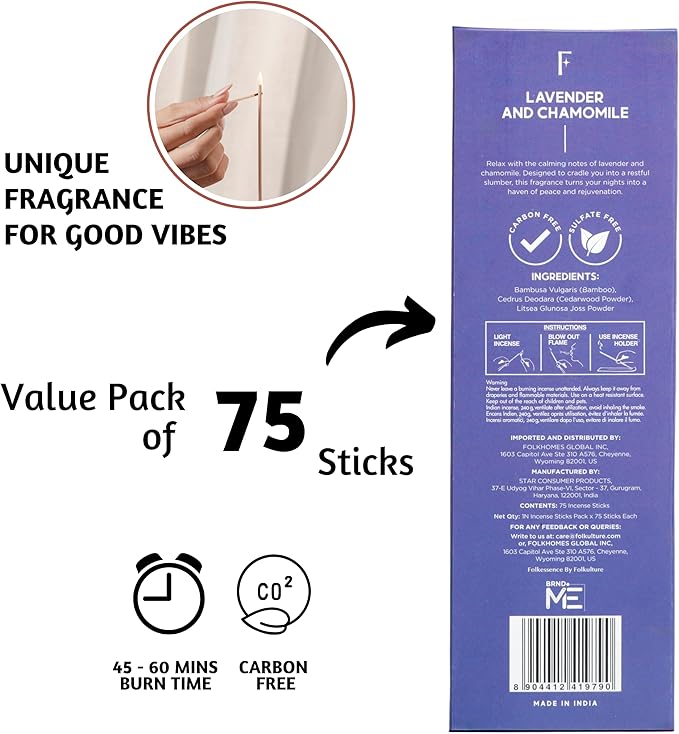 Folkulture Incense Sticks (75 Sticks) | 8" Premium Lavender & Chamomile Incense Sticks for Deep Sleep, Aromatherapy, Relaxation Gifts | No Charcoal, Non Toxic, 45 Mins, Long Burning Insence-Sticks