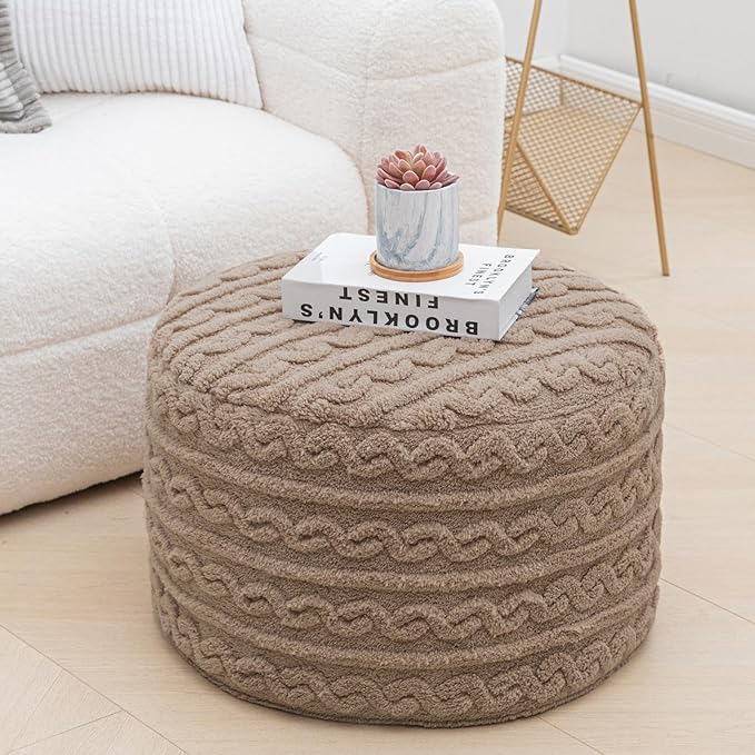Asuprui Round Pouf Ottoman Stuffed Foot Stool Floor Pouf Chair for Living Room Bedroom Filled One Piece High Resiliency Foam Boho Poof Foot Rest for Couch 20 Diameter x 12 Height Coffee with Filler