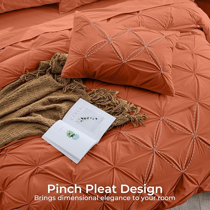 Sasttie Queen Comforter Set, 7-Piece Bed in a Bag, Pintuck Bedding Sets for All Season, Includes Comforter, Flat Sheet, Fitted Sheet, Pillowcases and Pillowshams, Burnt Orange
