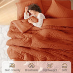 MUXHOMO 7 Pieces King Comforter Set, Seersucker Bed in a Bag King Size, All Season Luxury Bedding Set with Comforter, Flat Sheet, Fitted Sheet, Pillowcases & Shams, Burnt Orange
