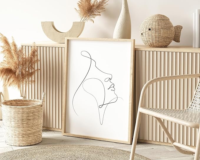 Y2K BOO Minimalist Woman Profile UNFRAMED Wall Art Upward Gaze Continuous Line Drawing Feminine Face 24x36 Inch Heavyweight Paper Studio Decor
