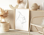 Minimalist Woman Profile Wall Art Upward Gaze Continuous Line Drawing Feminine Face 24x36 Inch Oak Wood Beige Framed Modern Aesthetic Print for Living Room