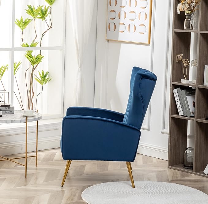 Modern Velvet Accent Chair, Channel Tufted Bedroom, Office or Living Room Furniture with Elegant Metal Legs, 26" Wide Armchair, Blue