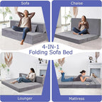 Folding Sofa Bed, 4 in 1 Convertible Sleeper Chair with Pillow, Queen Memory Foam Fold Out Chair Bed, Modern Floor Futon Sofa Couch Mattress for Living Room/Guest/Apartment, Light Gray