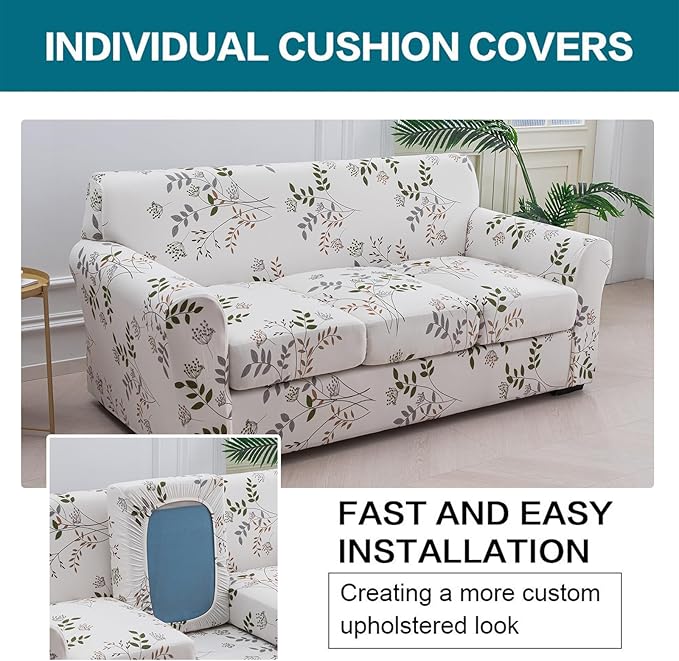 KRFOONN 4 Piece Printed Sofa Couch Cover for 3 Cushion Couches Stretch Sofa Slipcovers with 3 Separate Seat Cushion Covers Washable Furniture Protector with Elastic Bottom (Sofa, 50)