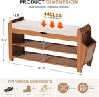 31.5" Bamboo Shoe Rack Bench with Storage, 3-Tier Entryway Bench with Thick Cushion, Flip-Top & Side Baskets, Holds Up to 550 LBS for Hallway, Living Room, Bedroom