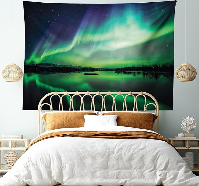 Ambesonne Iceland Tapestry Queen Size, Aurora Borealis View over Lake Thingvellir National Park Nature Print, Wall Hanging Bedspread Bed Cover Wall Decor, 88" X 88", Sea Green and Night Blue