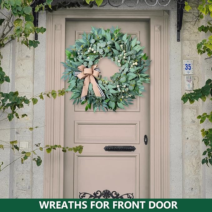 26'' Large Wreaths for Front Door Year Round, Spring Summer Artificial Green Eucalyptus Wreath with Buffalo Burlap Bow, Farmhouse Home Decor for Window Porch Holiday Housewarming