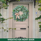 26'' Large Wreaths for Front Door Year Round, Spring Summer Artificial Green Eucalyptus Wreath with Buffalo Burlap Bow, Farmhouse Home Decor for Window Porch Holiday Housewarming