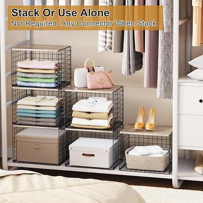 Widened & Heightened Closet Organizers And Storage Shelves With Top Board, Set of 3 Stackable Closet Shelf Organizer Storage Bin Basket For Clothes Sweaters,Space-saving, Sturdy,Wider Higher Size