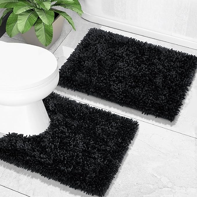 Yimobra Toilet Rugs U Shaped Washable, Extra Thick Soft Absorbent Chenille Contour Bathroom Rugs for Toilet 24x20 Inch, Quick Dry Non Slip Toilet Mat for Bath Floor, Black