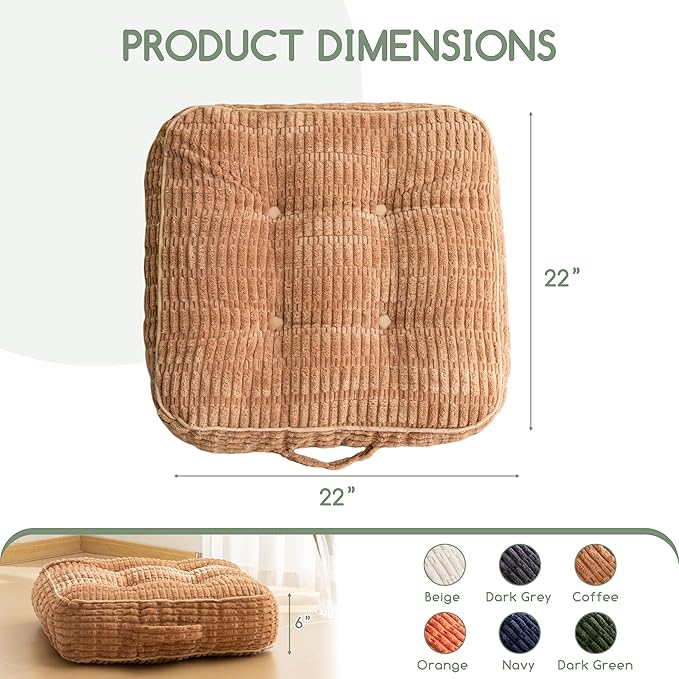 6" Washable Floor Pillow Cushion for Adults, Meditation Cushion Pillow, Removable Tufted Blended Corduroy Cover, Large Square Floor Sitting for Tatami Living Room or Yoga, 22x22 Inch, Machine Washable