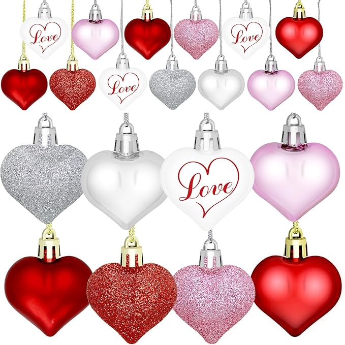48 Pieces Valentine Heart Baubles Ornaments Valentine's Day Heart Shaped Ornaments for Decoration or Wedding Anniversary Party Supplies, 4 Colors in 8 Styles