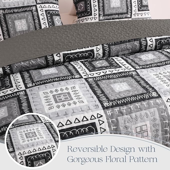 Exclusivo Mezcla Reversible Boho Quilts Queen Size, Black Bedspreads Lightweight Coverlet All Season Patchwork Quilt Bedding Set with Printed Floral Pattern (1 Quilt, 2 Pillow Shams)