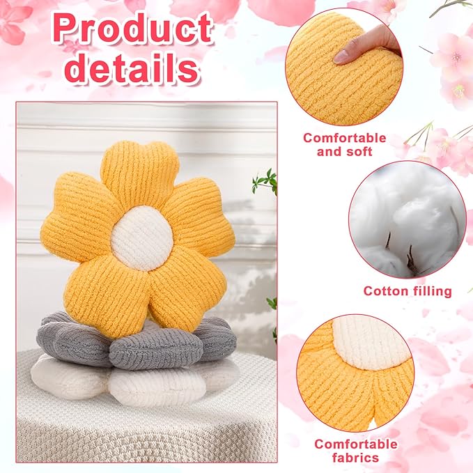 6 Pcs Flower Shaped Pillows Daisy Floor Throw Pillows 15 Inch Flower Seat Cushion for Reading Sofa Couch Bed Decor for Back to School First Day of School(Light Color)