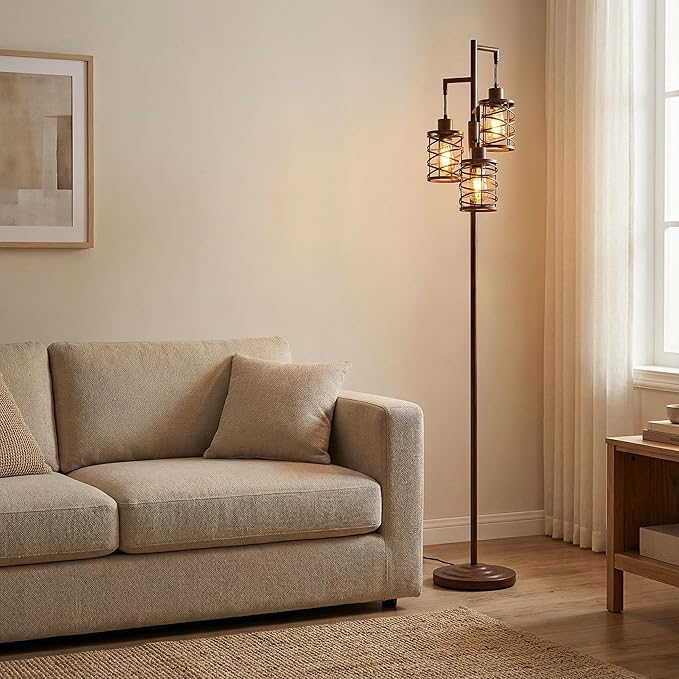 Oneach 70" Industrial Floor Lamp, Stepless Dimmable Standing Lamp with 3 Bulbs, Farmhouse Corner Standing Tree Lamp for Living Room, Tall Lamps for Bedroom, Office, Study Room, Dining Room