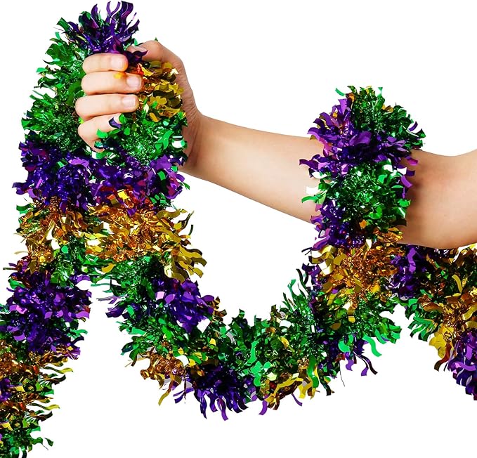 Mardi Gras Garland Decorations,50Ft Glitter Tinsel Garland Decor for Tree Mantle Bedroom Office Classroom Party Indoor Outdoor Holiday Home Green Gold Purple