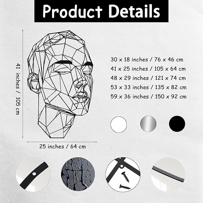 Man Face Metal Wall Art, Metal Line Wall Art, Wire Portrait of a Man, Abstract Modern Line Face, Modern Home Decor, Wall Sculpture Artwork, Best Gift for Him(Silver, 53 x 33 inches / 135 x 82 cm, metal wall art)