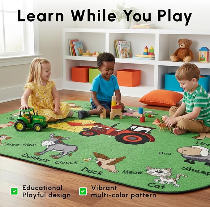 SAFECASTLE Kids Carpet – 6'6" x 8'4" Colorful Farm Sounds Educational Area Rug, Teaches Animal Names & Sounds, Interactive Play Rug for Classroom, Daycare, Playroom, Nursery & Learning Fun