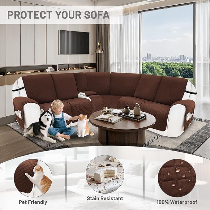 Reclining Sectional Couch Covers 100% Waterproof Velvet L Shape Recliner Sofa Cover for Dogs Pets Washable Anti Slip Recliner Slipcovers with Pockets (5 Seat Sofa with 1 Console, Dark Coffee)