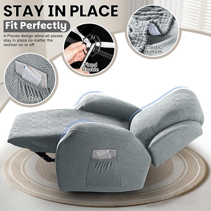VANSOFY Recliner Chair Covers, 4-Pieces Stretch Recliner Cover Jacquard Soft Reclining Chair Slipcover Furniture Protector with Elastic Bottom for Lazy Boy Recliner(Light Gray)
