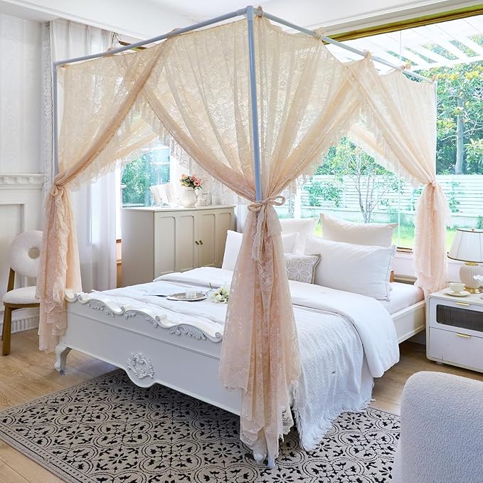 AIKASY Elegant Lace Princess 4-Poster Bed Canopy Mosquito Net - Romantic Wedding Bridal Bedroom Decor, Kids Room Bed Curtain for Women Adults - (Cream-1,Queen)