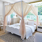 AIKASY Elegant Lace Princess 4-Poster Bed Canopy Mosquito Net - Romantic Wedding Bridal Bedroom Decor, Kids Room Bed Curtain for Women Adults - (Cream-1,Queen)
