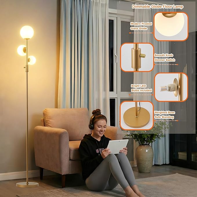 Fiqevs Upgrade Dimmable Floor Lamp, 3 Globe Mid Century Floor Lamps for Living Room with Frosted Glass Shade and 3 LED Bulbs, Vintage Modern Gold Standing Lamp for Bedrooms, Office - Antique Brass