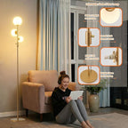 Fiqevs Upgrade Dimmable Floor Lamp, 3 Globe Mid Century Floor Lamps for Living Room with Frosted Glass Shade and 3 LED Bulbs, Vintage Modern Gold Standing Lamp for Bedrooms, Office - Antique Brass