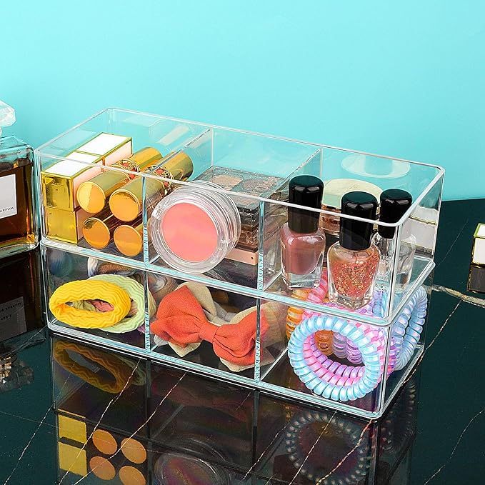 JessLab Acrylic Organizer, 2PK Cube Sections Makeup Organizer for Drawer, Makeup Organizer for Vanity, Countertop, Bathroom, Kitchen and Cabinet Storage(3+3 Compartment)