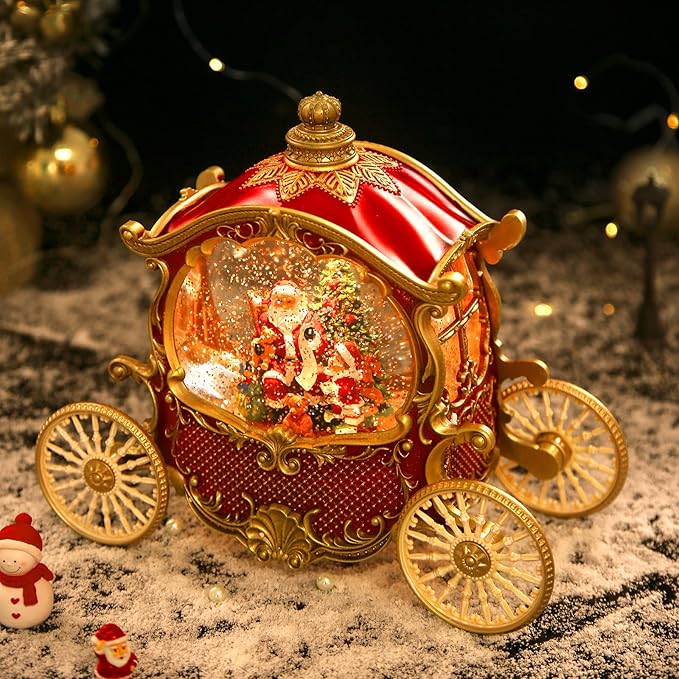 Christmas Snow Globe Carriage with Santa Claus – Vintage 8 Songs Musical Box, Automatic Snowfall, Led Light, USB or Battery Powered,for Christmas Festival Home Fall Decoration Gifts, Red