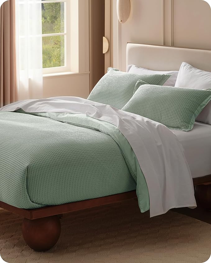 Bedsure Cotton Duvet Cover King - 100% Cotton Waffle Weave Sage Green Duvet Cover King Size, GentleSoft™ and Breathable Bedding Set for All Season, 3 Pieces, 104"x90"