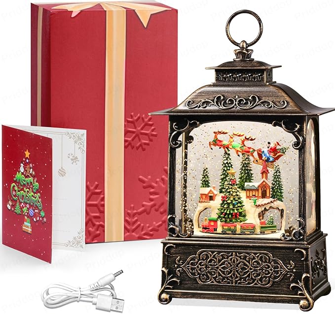 Village Snow Globe Christmas Decorations Indoor Santa Claus Reindeer Church Cabin Snow Village Scene Gifts Classic Relief Texture Musical Glitter Snowfall USB/Battery Timer Lantern 10.4 inch