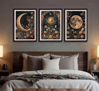 3Pcs Sun and Moon Celestial Canvas Wall Art Vintage Gothic Mystical Crescent Floral Plant Dark Academia Painting Picture Wall Decor Posters Print Artwork for Living Room Bedroom Decoration Unframed (24L" x 16W"-Poster)