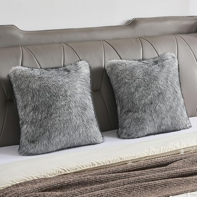 FUTEI Grey White Decorative Throw Pillow Covers 18x18 Inch Set of 2,Soft Faux Raccoon Fur Textured Cushion Case,Modern Home Luxurious Decor for Couch Bed Living Room