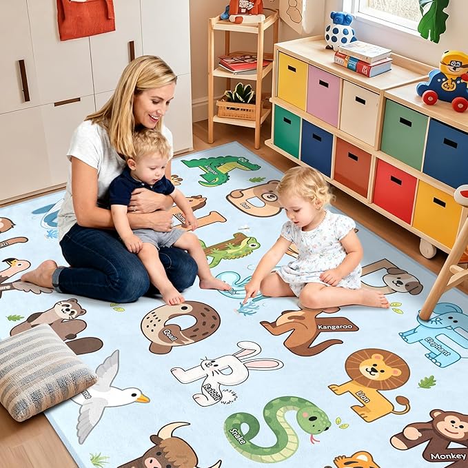 Kids Rugs for Playroom - 5x7 Feet Alphabet Rug for Classroom Educational Learning Animals, Preschool Rug Toddler Children Bedroom Nursery Kindergarten Decor, Blue