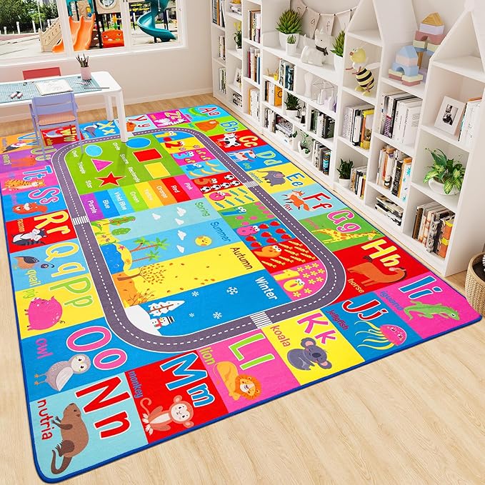 HOMORE Kids Rug, 9x12 Large Educational Rugs for Classroom Kids Collection ABC Rug for Learning Alphabet, Numbers, Colors, Season and Animal Words, Play Rugs for Playroom