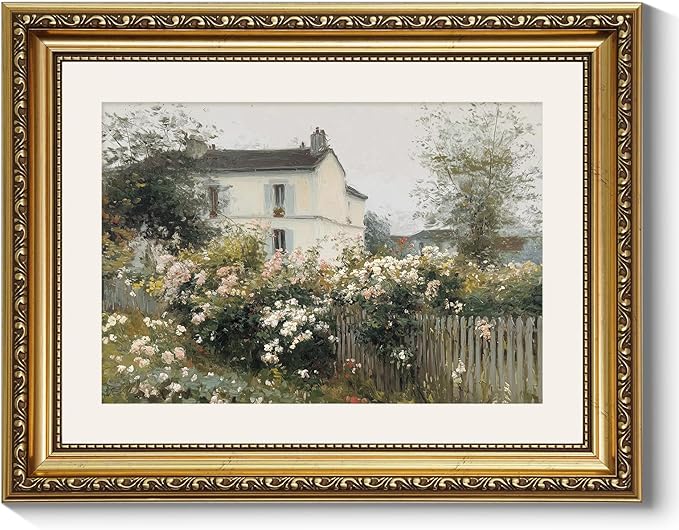 ARPEOTCY Vintage Cottage Garden Wall Art, Framed Floral House Painting Print, French Country Style Home Décor, 14x11 Inch Countryside Landscape Picture for Living Room, Bedroom, Hallway