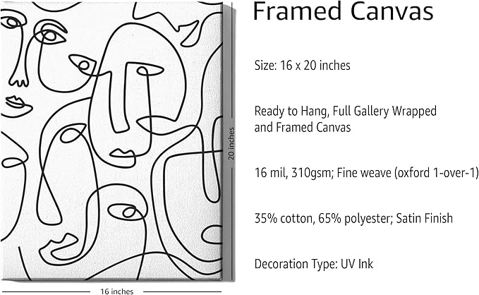Abstract Face Pattern Wrapped Canvas Wall Art Collage of Modern Faces Continuous Line Drawing 16x20 Inch Gallery Stretched Modern Home Art Decor