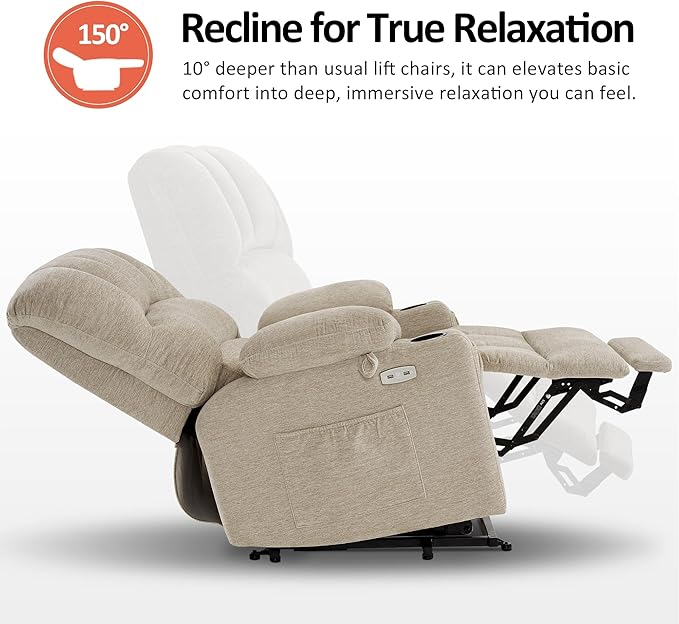 MCombo Oversized Power Lift Recliner Chair for Elderly, Lift Chair with Heat and Massage, Lift Recliner for Big and Tall, Cup Holders, USB & Type C Ports, Fabric R7092 (Beige, Oversize)