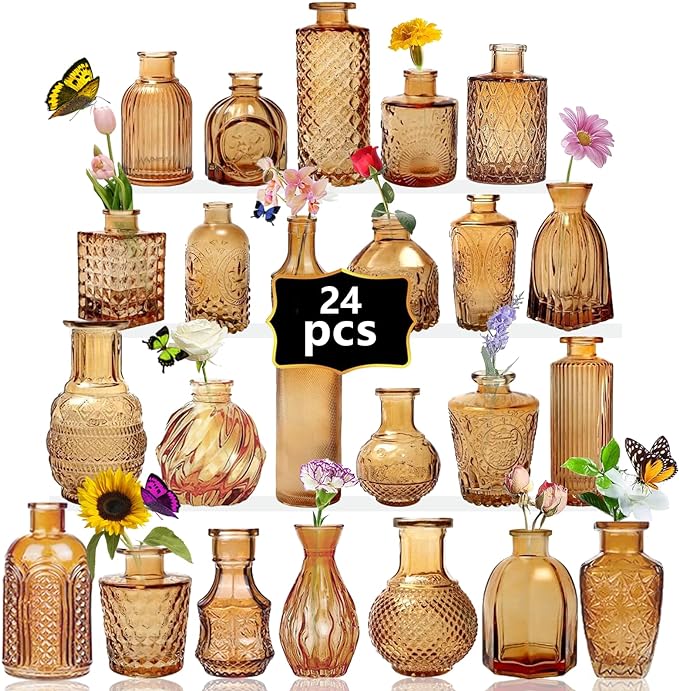 Mini Bud Vases As Wedding Centerpieces for Tables,Clear Bud Vases for Flowers,Small Flower Vases Suitable for Birthday Party,Anniversary,Wedding Reception,Baby Shower (Amber, 24PCS)