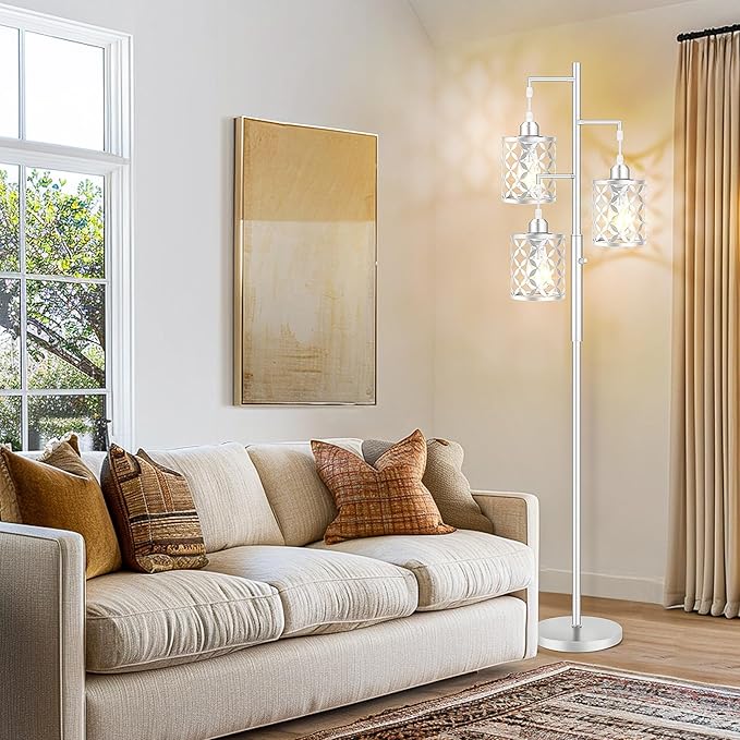 68" Dimmable Floor Lamp, Modern Standing Lamp with Elegant Metal Cages, Industrial Tall Tree Floor Lamps for Living Room, Bedroom, Study Room, Office (2000LM LED Bulbs Included) - Silver